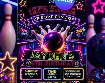 Editable Bowling Birthday Invitation, Glow Bowling Invitation, Neon Glow Party, Boy Bowling Invite, Strike Up Some Fun, Editable Canva