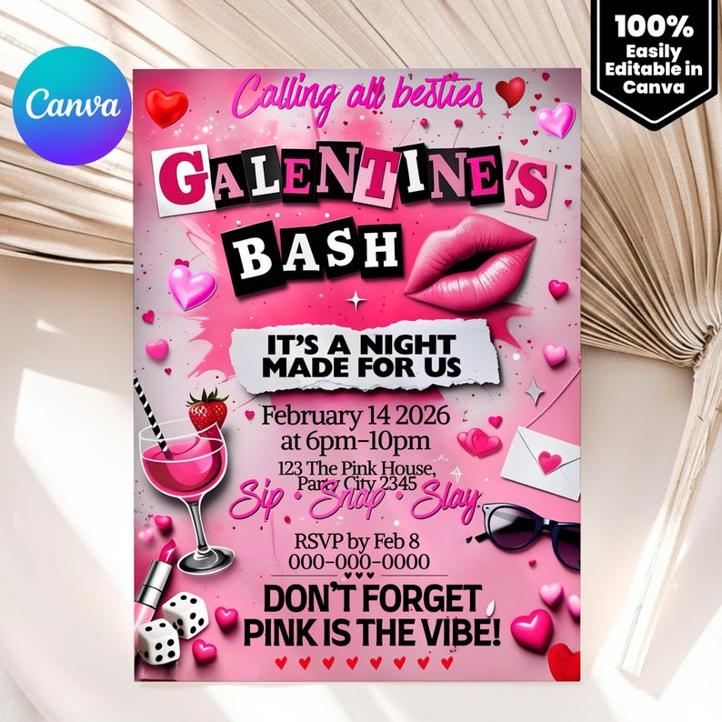 Editable Burn Book Galentine's Day Invite, Pink Girls Party Invitation, Valentine's Day Invite, Girls Only, Mean Girls Galentines Invite