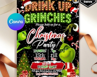 Drink up Grinch Einladung, Grinchmas Party einladen, Weihnachtsfeier-Einladung, Grinchmas Party, Merry Grinchmas Einladung, Canva Editable