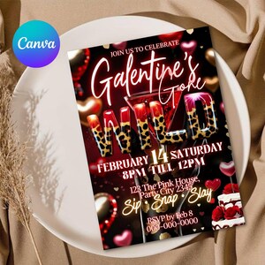 Cheetah Galentines Day Party Invitation: Valentines Leopard Invite Digital Galentines Girl Night Party Invite Dinner Editable Canva Template