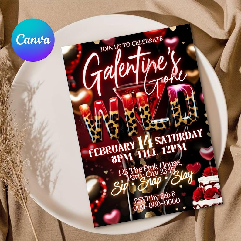 Cheetah Galentines Day Party Invitation: Valentines Leopard Invite Digital Galentines Girl Night Party Invite Dinner Editable Canva Template