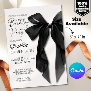 Black Bow Birthday Invitation Template: Elegant Editable Party Invite, Digital Download for Printable and Phone Format