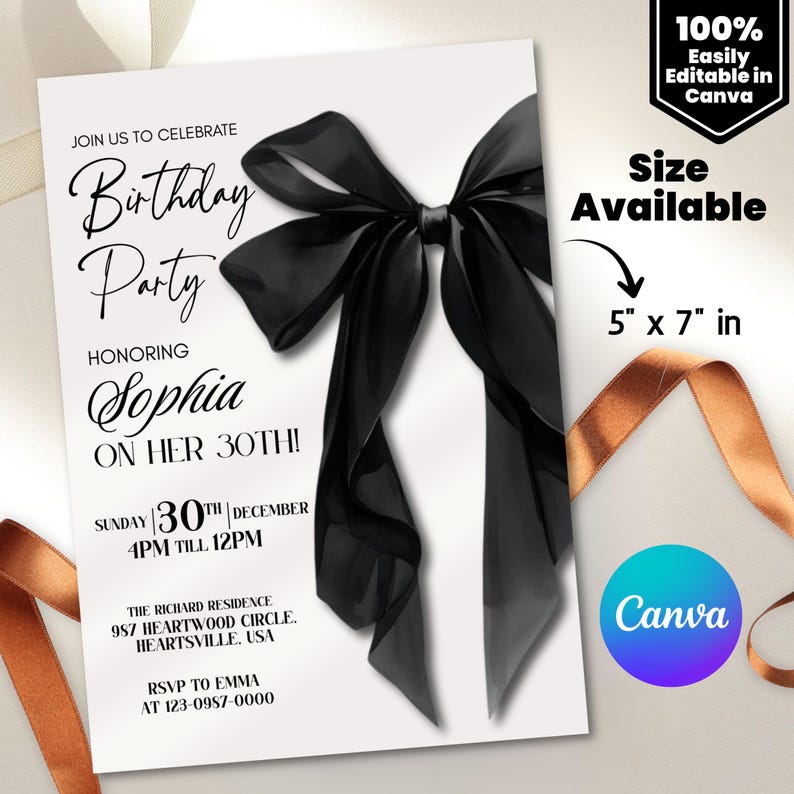 Black Bow Birthday Invitation Template: Elegant Editable Party Invite, Digital Download for Printable and Phone Format