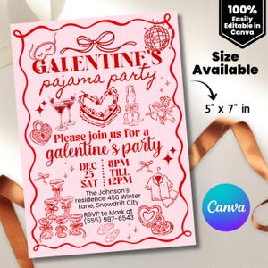 Galentine's Day Pajama Party Invitation Template, Valentines Party Girls Night In PJ Invite, Pink Whimsical hand drawn Galentines Printable