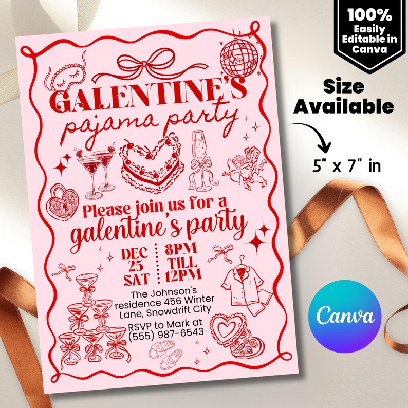 Galentine's Day Pajama Party Invitation Template, Valentines Party Girls Night In PJ Invite, Pink Whimsical hand drawn Galentines Printable