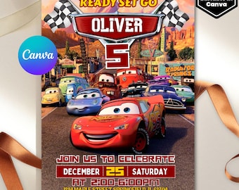 Cars Birthday Invitation, Birthday Invitation, Lightning McQueen Invitation, Kids Birthday Invitation, Editable Canva Template