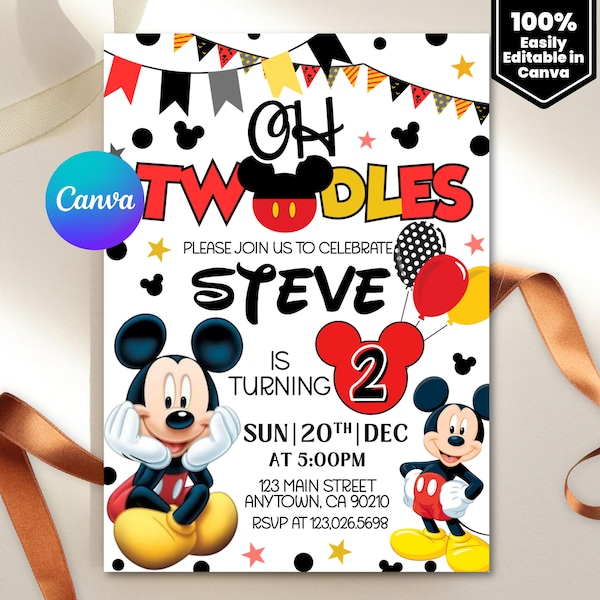 Oh Twodles-uitnodiging, Mickey-verjaardagsuitnodiging, Mickey Mouse-uitnodigingen, muis bewerkbare uitnodiging, Mickey Twodles-uitnodiging, Canva