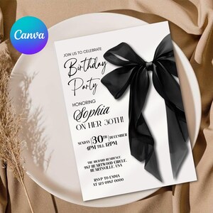 Black Bow Birthday Invitation Template: Elegant Editable Party Invite, Digital Download for Printable and Phone Format