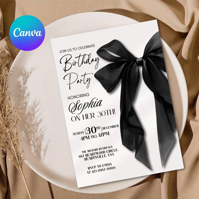Black Bow Birthday Invitation Template: Elegant Editable Party Invite, Digital Download for Printable and Phone Format