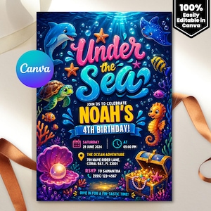 May include: An invitation with an "Under the Sea" theme, featuring a vibrant underwater scene with a dolphin, turtle, seahorse, and treasure chest. The invitation is for Noah's 4th birthday, with event details and RSVP information.