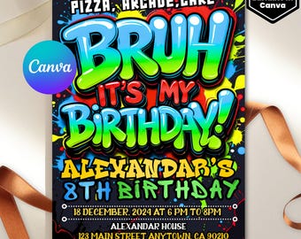 Bruh It's My Birthday Invitation, Bruh Birthday Party, Neon Bday Card, Teenager Birthday, Teen Boy Party Invitation, Any Age, Editable Canva