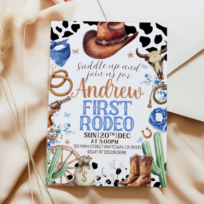 First Rodeo Invitation Template, Wild West Birthday Invite, Boy Cowboy Birthday Invitation, My 1st Rodeo Invitation, 5x7 Canva