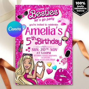 Editable fashion doll birthday Invitation | Fashion Doll Birthday Invitation | Pink Glitter Party | Instant Download | Canva Template