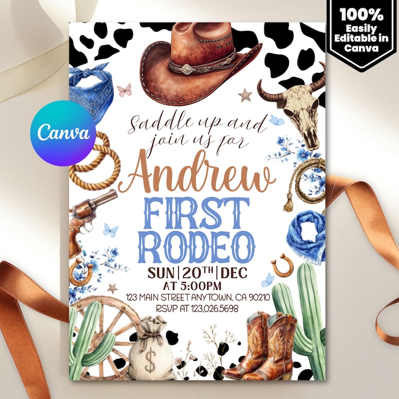 First Rodeo Invitation Template, Wild West Birthday Invite, Boy Cowboy Birthday Invitation, My 1st Rodeo Invitation, 5x7 Canva