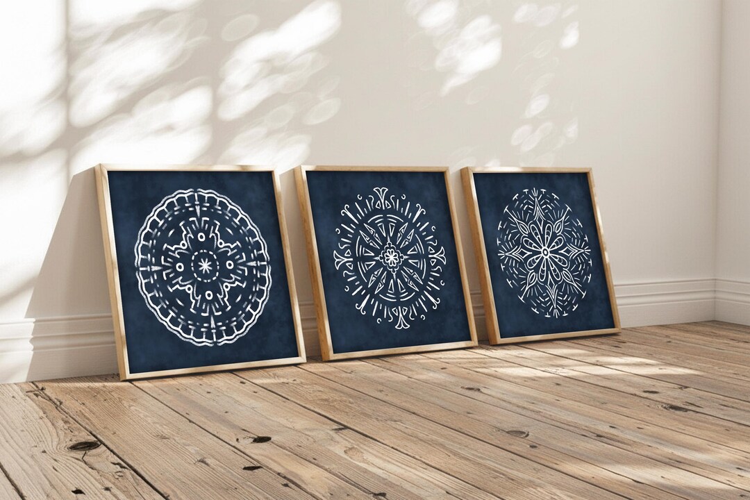Navy Blue Mandala Print Set of 3, Modern Yoga Room Wall Art, Digital ...