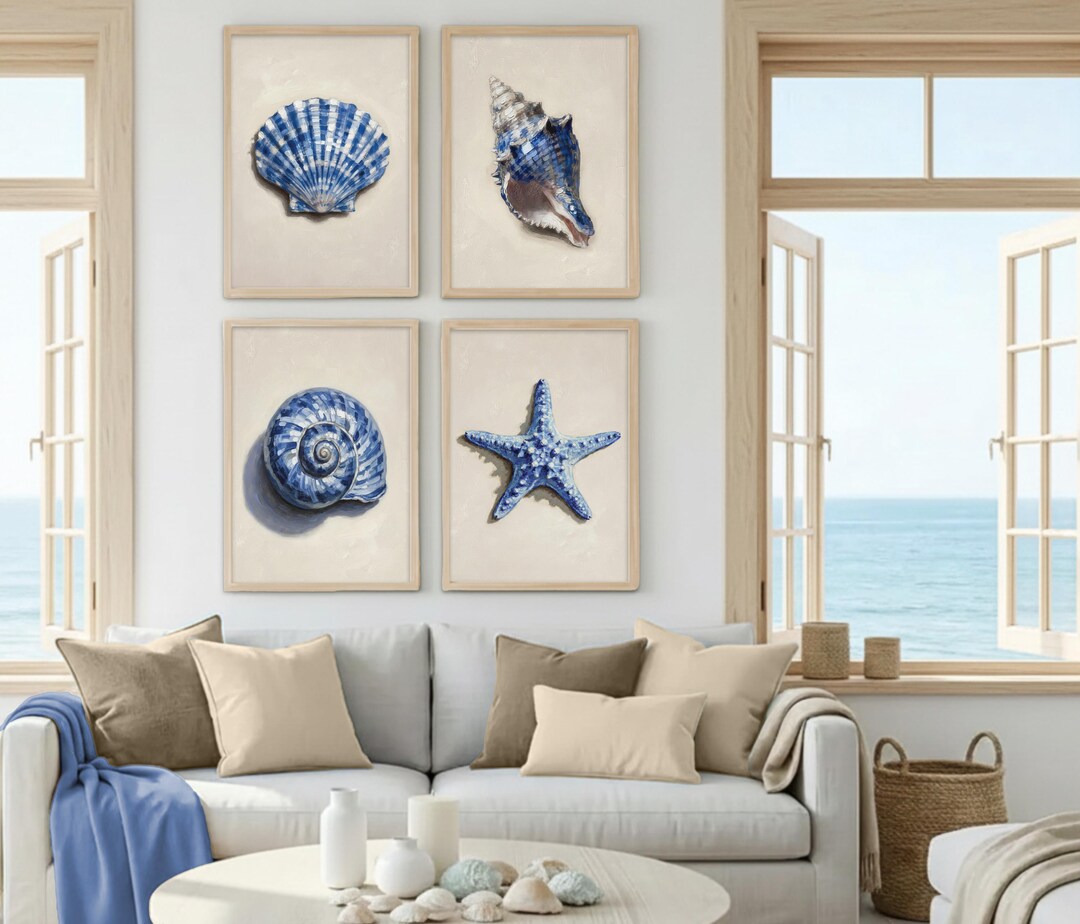 Coastal Seashell Wall Art Set of 4, Blue Starfish Print, Beach Bedroom ...
