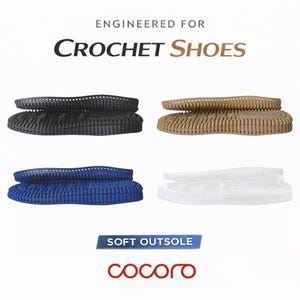 May include: Image of four crochet shoe soles in black, tan, blue, and white. The text "ENGINEERED FOR CROCHET SHOES" is at the top, and "SOFT OUTSOLE" is at the bottom. The brand name "cocoro" is also visible.