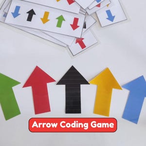 May include: A set of five large, solid-colored arrows in green, red, black, yellow, and blue, arranged in a row. Above them lies a pile of smaller white rectangular cards featuring various colored arrow sequences. The text Arrow Coding Game is visible.