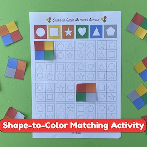 May include: A Shape-to-Color Matching Activity worksheet featuring a grid of various shapes including circles, squares, stars, hearts, triangles, and pentagons. Several small square tiles divided into four colored quadrants are placed on the page.