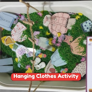 May include: A sensory bin filled with green artificial grass containing various paper cutouts of clothing items like shirts, pants, and jackets, along with a small wooden clothesline and a card labeled Hanging Clothes Activity with a ladybug accent.