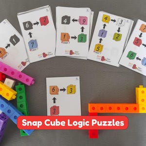 May include: A set of colorful plastic snap cubes and white logic puzzle cards. The cards feature diagrams with numbered cubes and arrows indicating sequences. Some cubes are connected in chains, while others are loose. The text Snap Cube Logic Puzzles is visible on the cards.