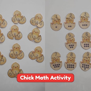 Könnte beinhalten: Ein Set aus pädagogischen Mathe-Lernkarten mit gelben Küken, die aus Eierschalen schlüpfen. Die Teile zeigen Ziffern und entsprechende Punktmengen von eins bis zehn, wobei einige Teile gespaltene Eierschalen mit Zahlen darstellen.