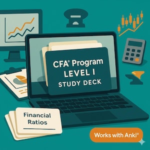 Può includere: Illustrazione di un laptop che mostra "CFA Program LEVEL I STUDY DECK" con una calcolatrice, grafici e le parole "Financial Ratios". L'immagine ha uno sfondo verde acqua e il testo "Works with Anki®".