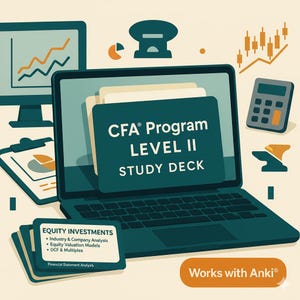 Może przedstawiać: Ilustracja z laptopem wyświetlającym "CFA Program LEVEL II STUDY DECK". Zawiera kalkulator, wykresy i karty "EQUITY INVESTMENTS". Obraz ma schemat kolorów w odcieniach zieleni i pomarańczy z tekstem "Works with Anki®".
