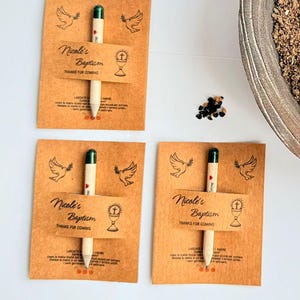 May include: An overhead shot shows a wooden planter filled with soil, a pink flower, and several seed pencils. Three seed pencils are displayed on brown cards with the text "Nicole's Baptism". A small pile of seeds is also visible.