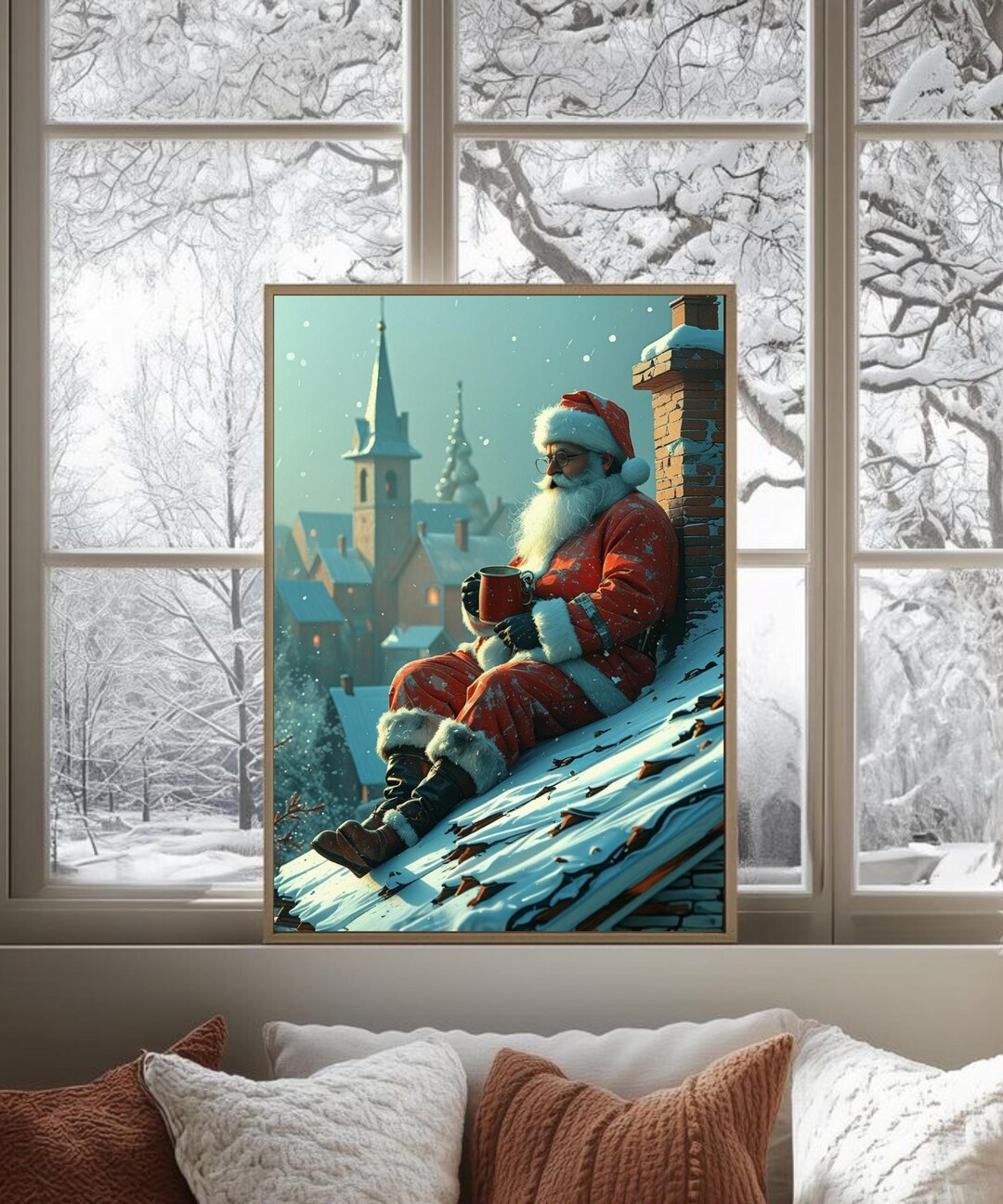 Dimensions Rooftop Santa Rooftop Santa, Christmas Decor, Holiday Wall Art, Winter Scene, Digital ...