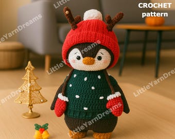 かぎ針編みのペンギンのパターン：クリスマスの編みぐるみぬいぐるみ（PDFパターン）