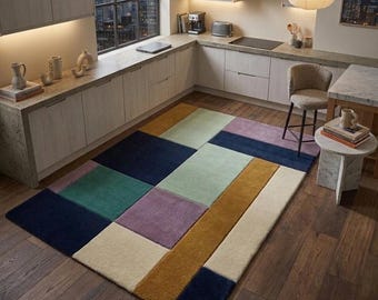 Mid-Century Modern Abstract Rug, Colorful Block Pattern Carpet, Mustard Yellow Navy Terracotta