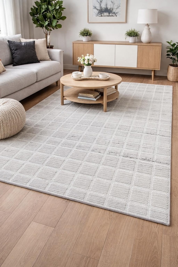 Handgewebter Teppich Läufer in Beige & Grau kariert mit Schurwolle