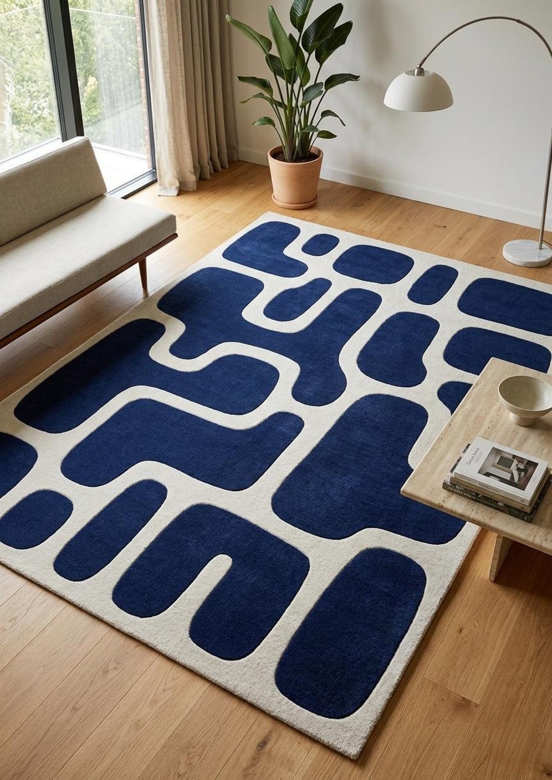 Hand Tufted Wool Rug – Royal Blue Ivory Abstract Geometric Carpet - Etsy