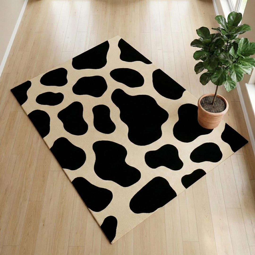 Handtufted Cow Print Wool Area Rug | Black Cream Plush Carpet | Modern ...