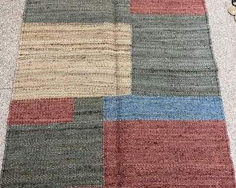 Handwoven Jute Cotton Rug – Abstract Color Block Boho Carpet, Rustic Living Room Area Rug