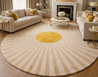 Hand-Tufted Round Wool Rug | Modern Sunburst Design, Beige & Yellow