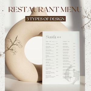 May include: A restaurant menu with the title "Restaurant Menu" and the subtitle "3 Types of Design". The menu features a sushi menu with a list of sushi options. The background includes a beige vase and floral illustrations.