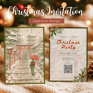 以下が含まれることがあります： 日本のデザインのクリスマス招待状。左側のカードには、赤い傘を持った人がいる雪景色が描かれています。右側のカードには、日付、時間、住所とともに「クリスマスパーティー」と書かれています。