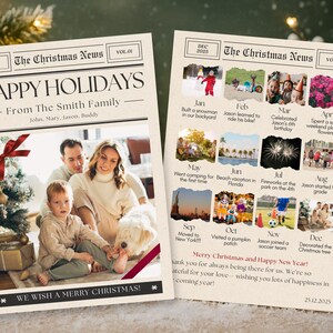 以下が含まれることがあります： 家族写真とテキストが特徴の、クリスマスをテーマにした新聞スタイルのカードです。「HAPPY HOLIDAYS」と「WE WISH A MERRY CHRISTMAS！」という見出しがあります。カードには家族の肖像画とイベントのタイムラインが掲載されています。