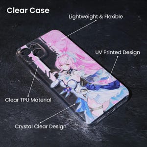 May include: Clear phone case with a UV printed design featuring a pink-haired anime character. The case is made of clear TPU material and has a crystal clear design. The text "Clear Case" is visible.