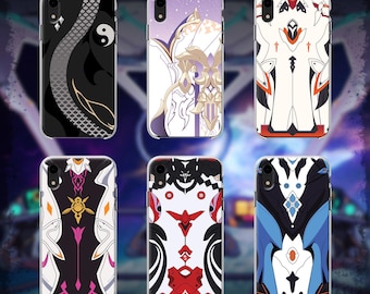 May include: Six phone cases with unique designs. The cases feature various patterns, including a yin-yang symbol, abstract figures, and geometric shapes. Colors include black, white, red, purple, and blue. The cases are designed to fit a smartphone.