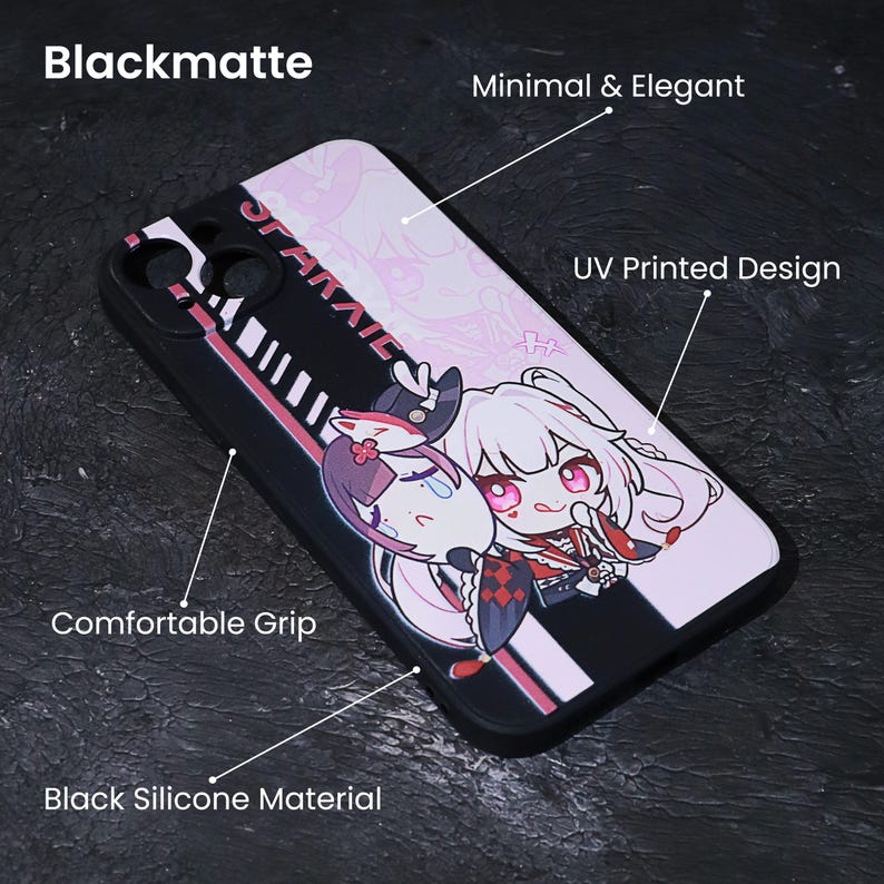 May include: Black matte phone case with a UV printed design featuring anime-style characters. The case has a black silicone material and a comfortable grip. The design includes the text "STARAIK" and is minimal and elegant.