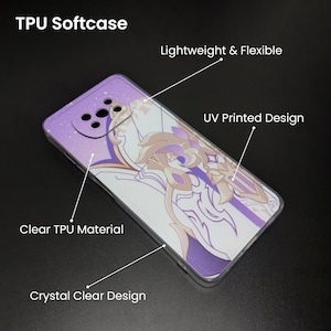 May include: TPU softcase phone cover with a crystal clear design. The cover features a UV printed design with a purple and gold graphic on a white background. The case is lightweight and flexible.
