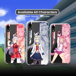 May include: Three clear phone cases with anime character designs. Each case features a different character in vibrant colors, with a matching background. The text "Available All Characters" is displayed above the phones, with "iPhone • Samsung • Xiaomi & More" below.