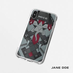 May include: Clear phone case with a graphic design featuring the word "MICE" at the top. The design includes a gray background with black and red geometric shapes and a silver emblem. The case is angled, showcasing the design.