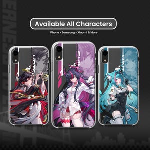 Puede incluir: Tres fundas transparentes para teléfono con ilustraciones de personajes estilo anime. El texto "Available All Characters" y "iPhone • Samsung • Xiaomi & More" aparece en la parte superior. Cada funda muestra un personaje único con diseños y colores distintos.