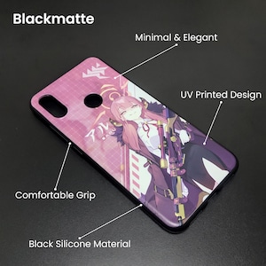 May include: Blackmatte phone case with a UV printed design featuring an anime character in shades of pink, purple, and black. The case has a comfortable grip and is made of black silicone material. The text "Minimal & Elegant" is also visible.