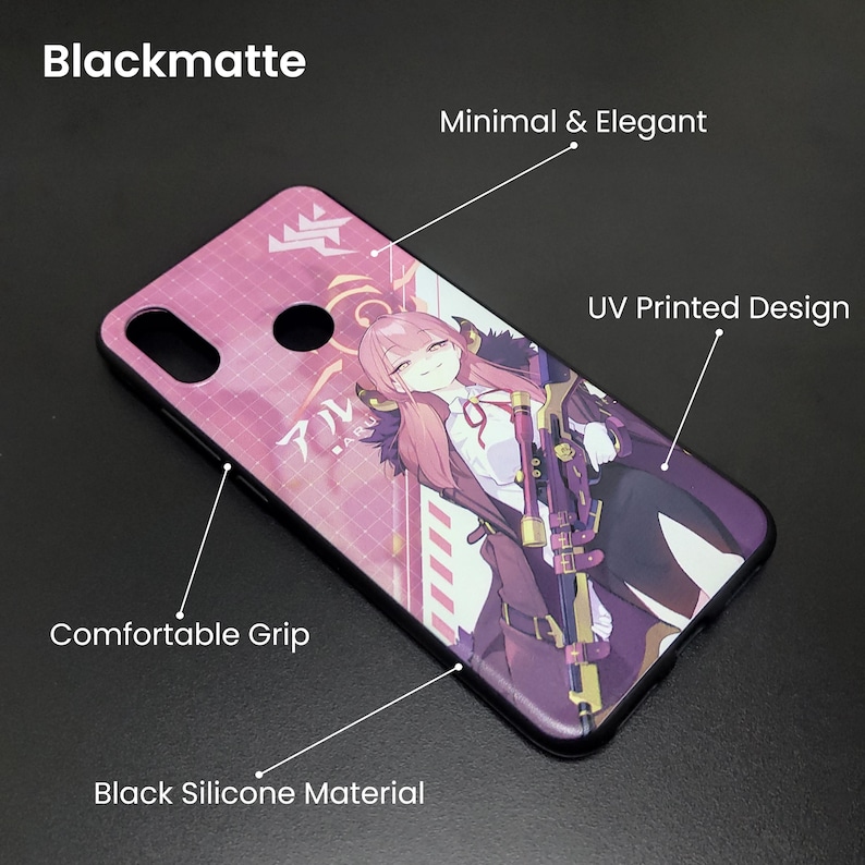 May include: Blackmatte phone case with a UV printed design featuring an anime character in shades of pink, purple, and black. The case has a comfortable grip and is made of black silicone material. The text "Minimal & Elegant" is also visible.