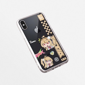 May include: Clear iPhone case with a black background featuring anime-style illustrations of a blonde character with red eyes. The case has a gold and black checkered pattern and the text "IX CISSIA".